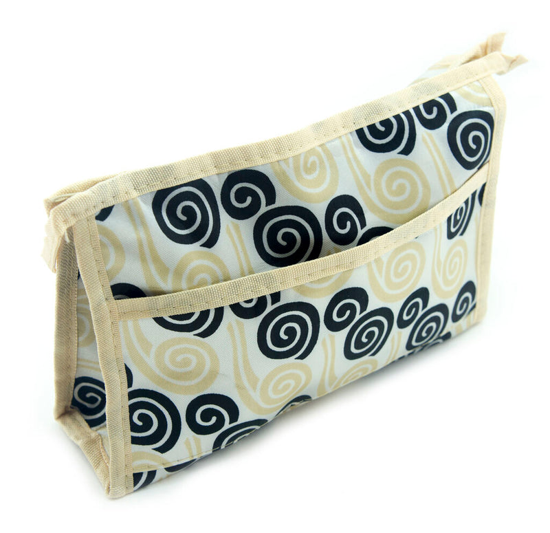 Pretty cream and black spirals make-up bag with side pocket