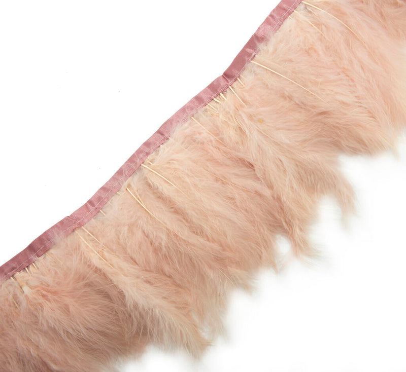 Dusty pink goose feather fringe trim, 15 cm wide, displayed on a white background.