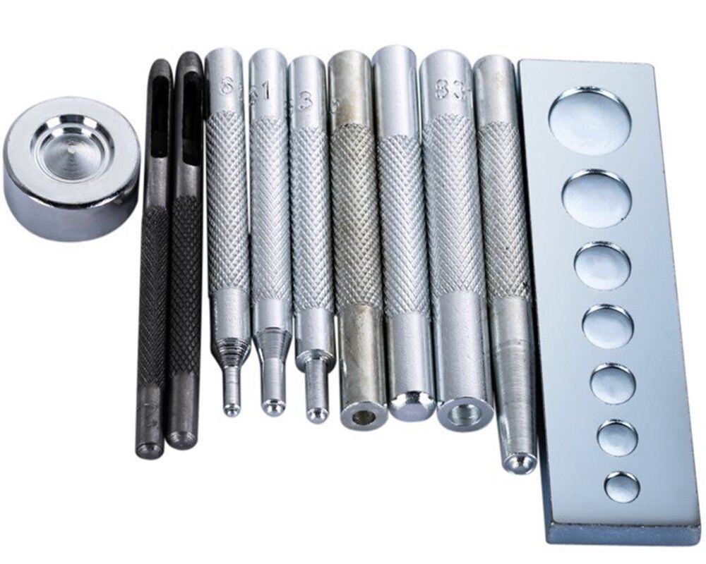 Complete 11 pieces steel die punch set displayed on a surface.