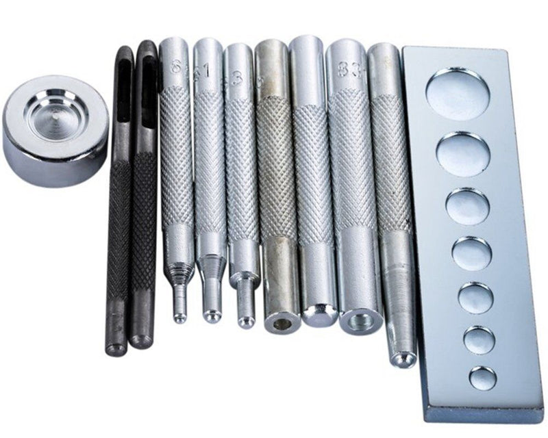 Complete 11 pieces steel die punch set displayed on a surface.