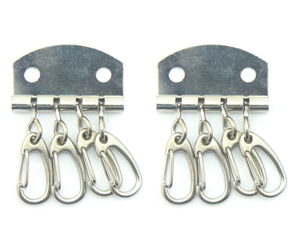 Two silver tone metal keyring clip attachments on a white background.