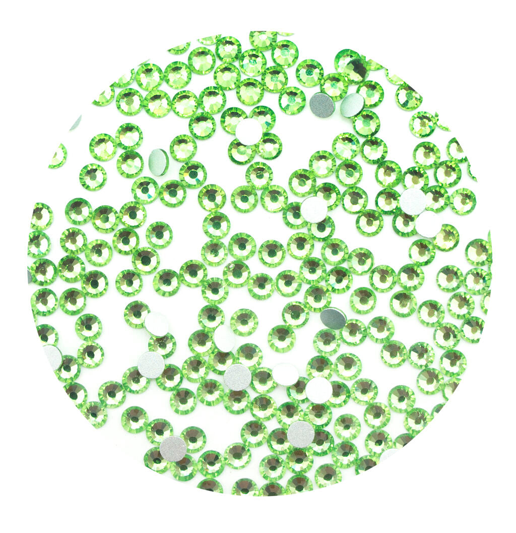 Pack of 1440 grass green hot fix iron-on diamante rhinestones.