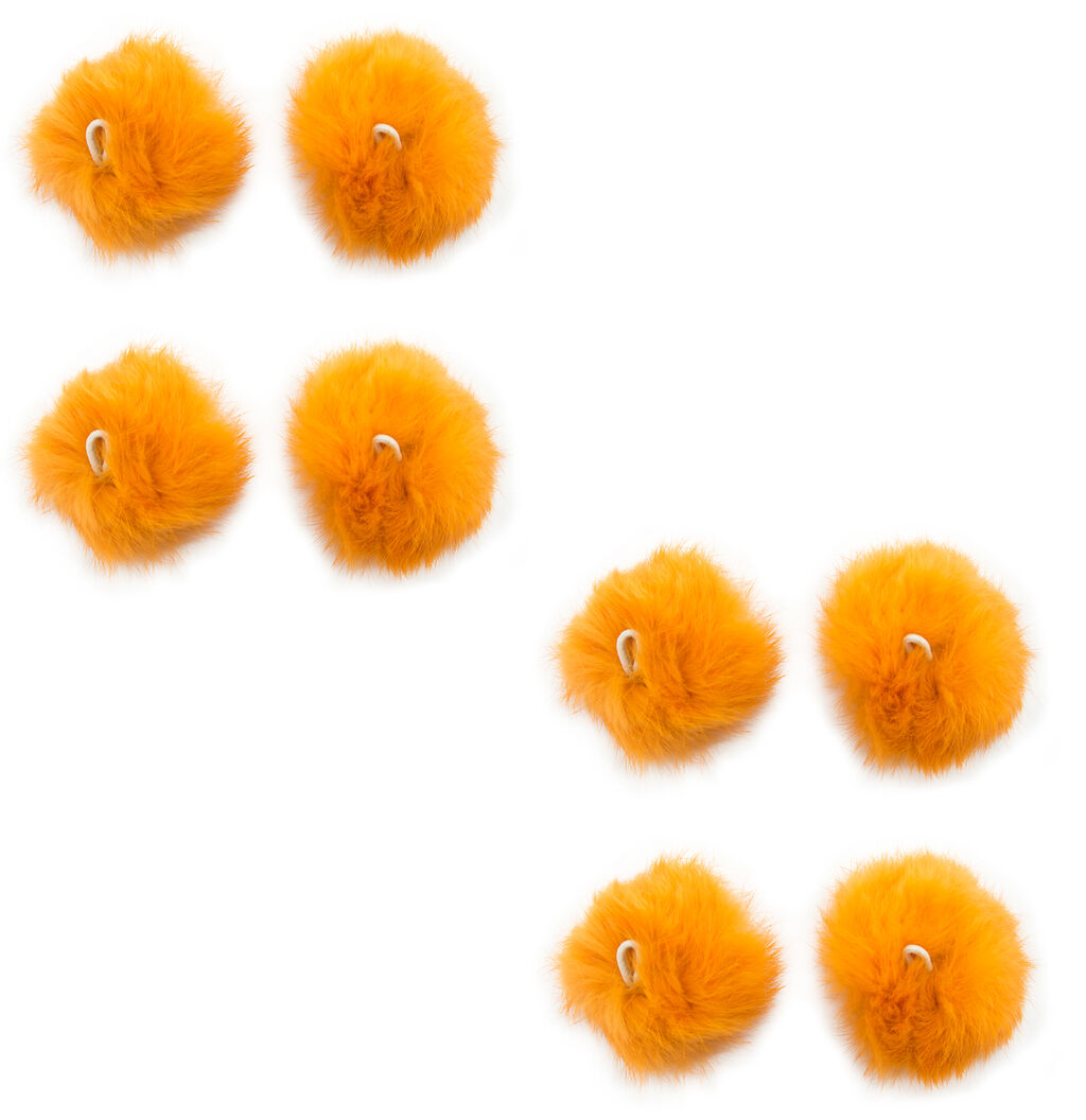 Pack of 8 orange fluffy pom pom trims, each 6cm in diameter.