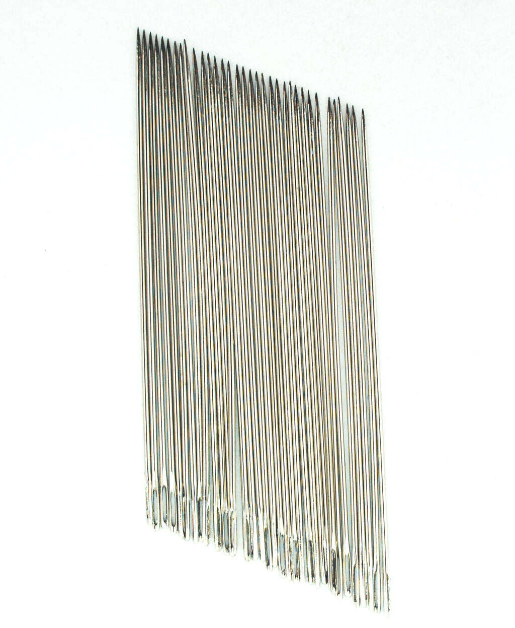 Pack of 30 long steel sewing needles, 3.5 inches in length.