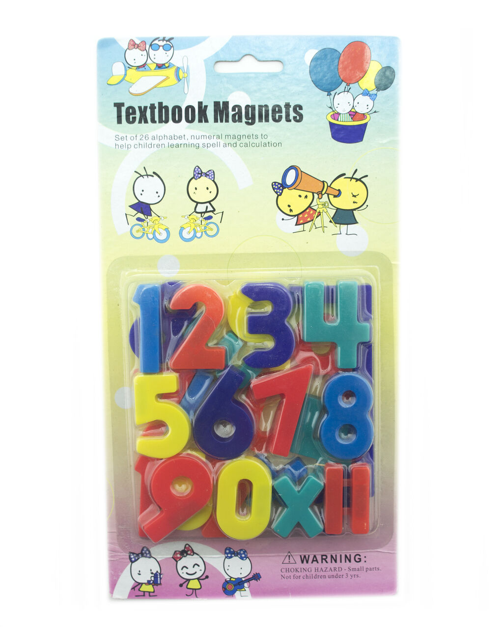 Close-up of 3.6cm colourful numeric magnets for educational use.