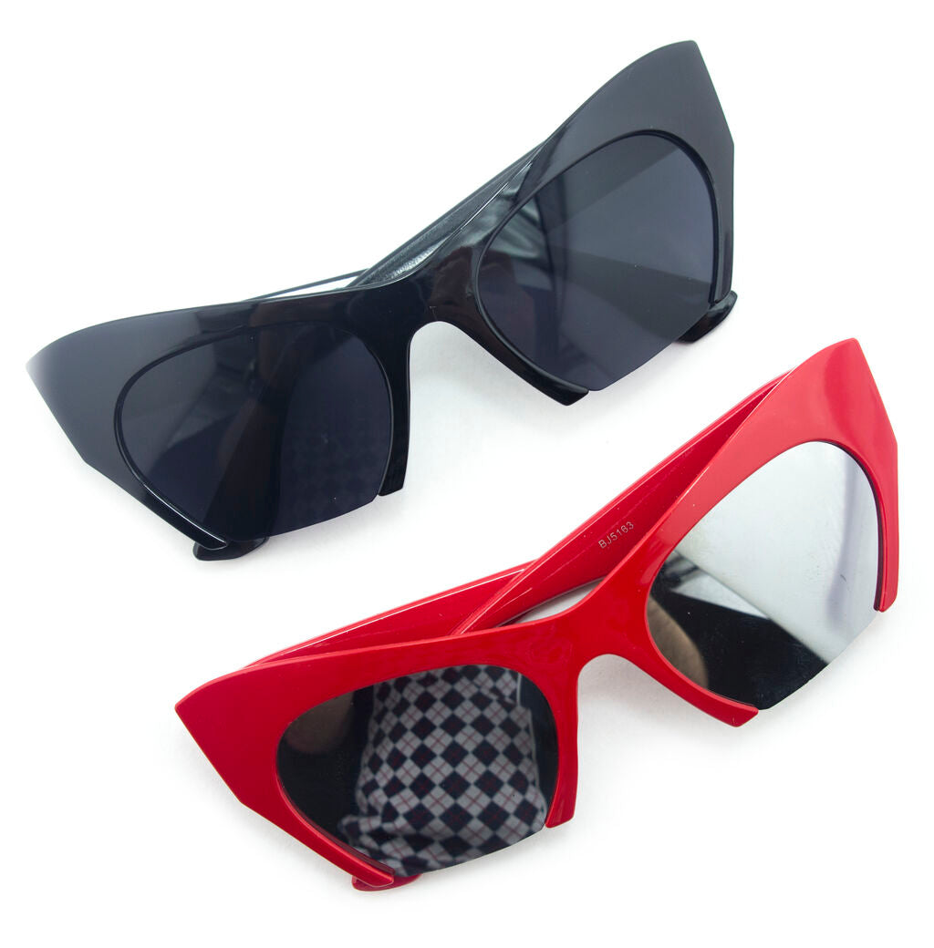 Two pairs of cat eye sunglasses in assorted colours.