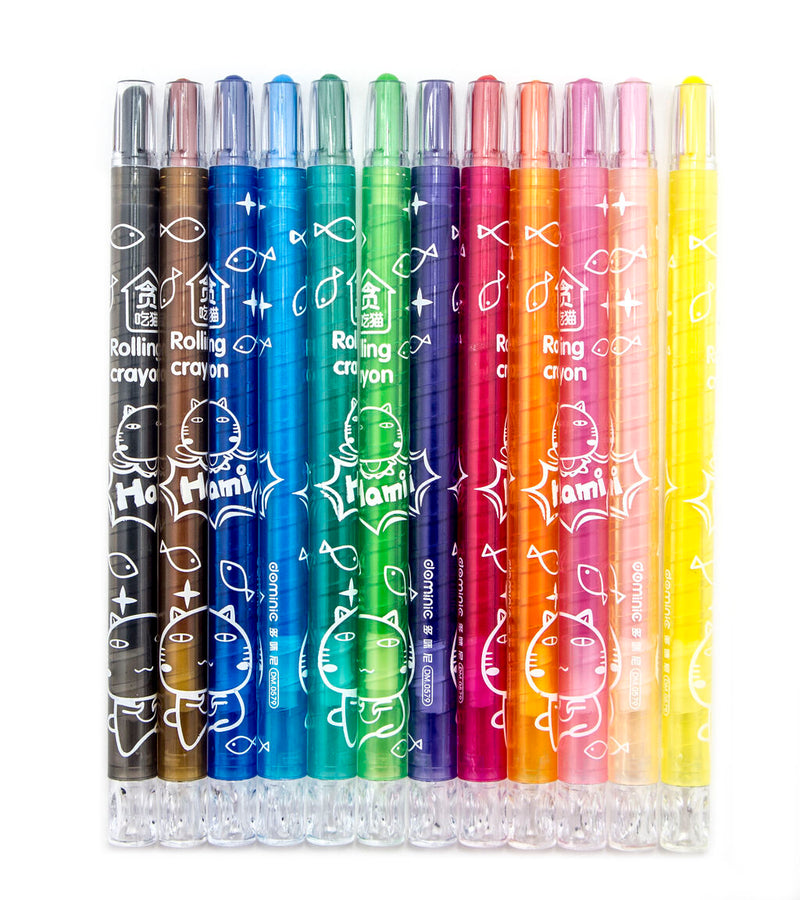 Pack of 12 colourful twist crayons in a clear carry case