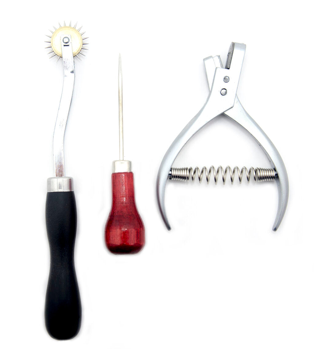 Set of 3 design tools including awl, tracing wheel, and notcher