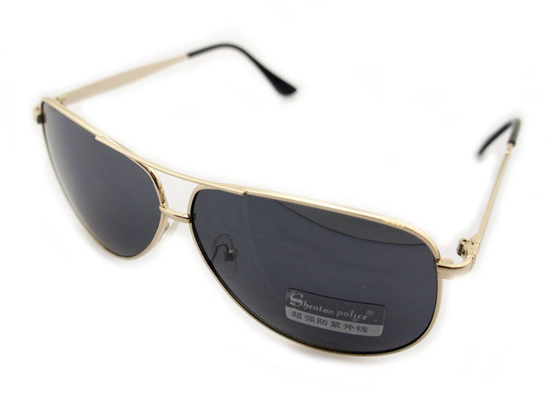 Unisex sunglasses featuring a gold metal frame and grey lenses