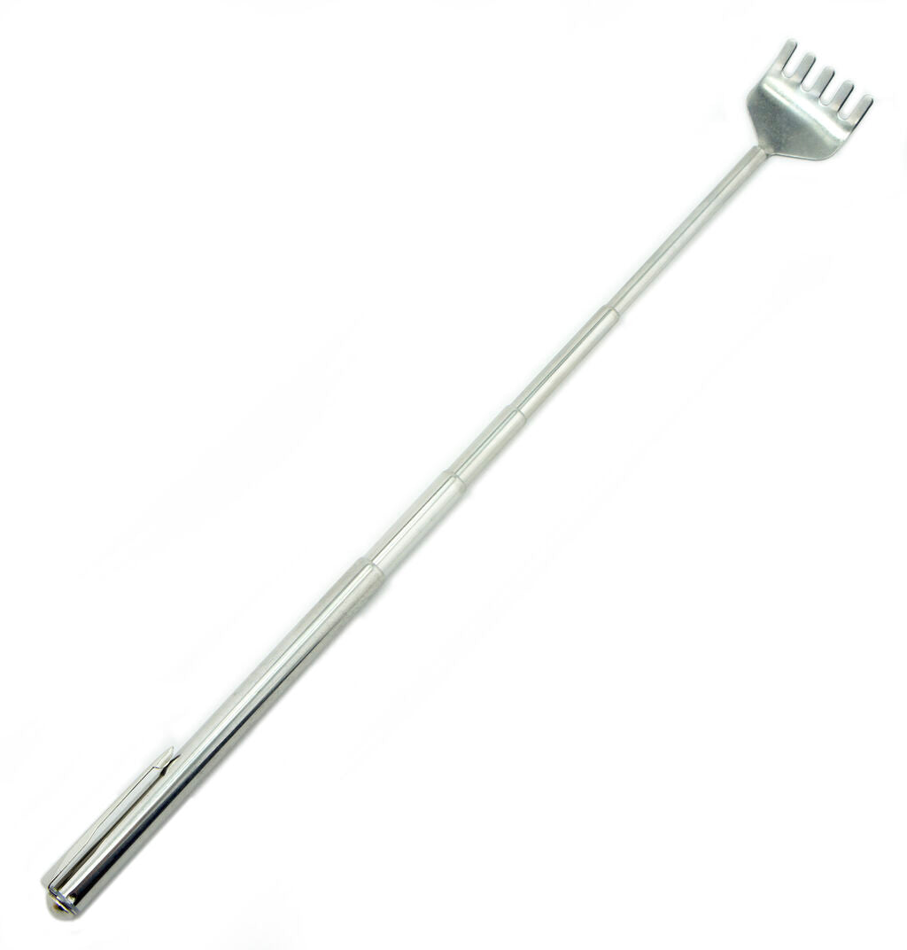 Telescopic steel backscratcher fully extended to 50 cm.