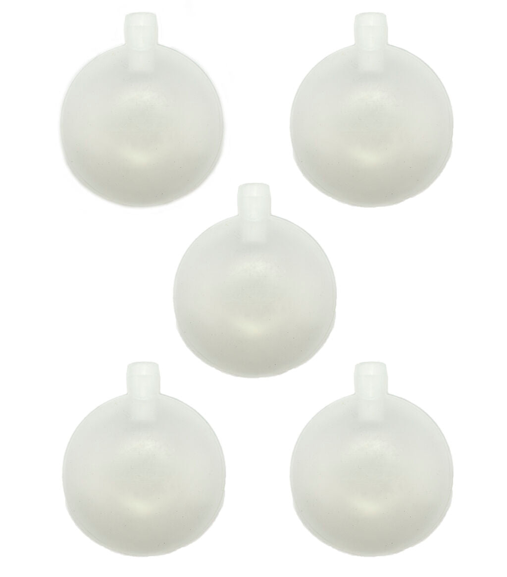 Five large round toy squeakers in cloudy white plastic, 50 mm diameter.