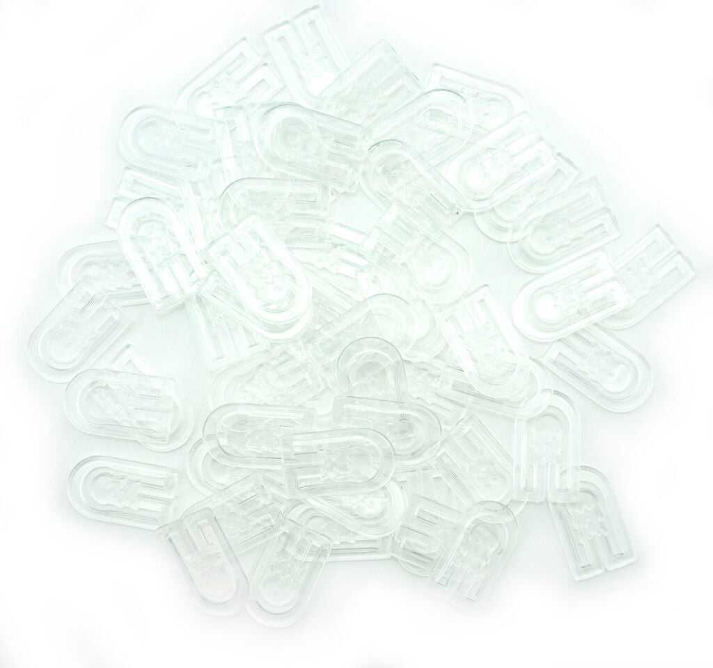 Large clear plastic U-shape garment shirt clips in a pack.