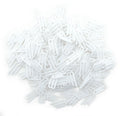 Pack of 500 white plastic 3 prong shirt clips on display.