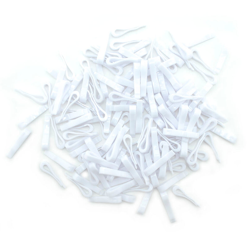 Pack of 1000 white plastic shirt clips in a clear bag.