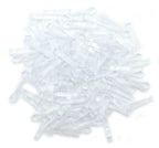 Pack of 1000 clear plastic shirt clips in a transparent container.