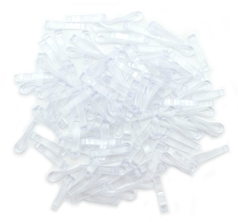 Pack of 1000 clear plastic shirt clips in a transparent container.