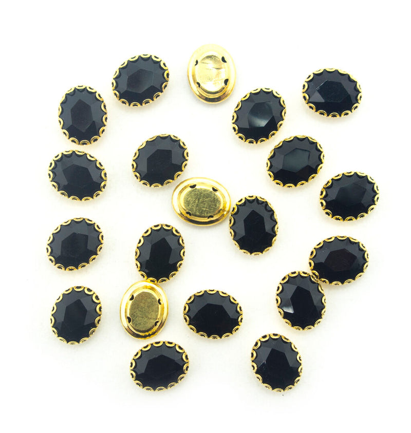 Pack of 20 gold tone small black oval glass crystal embellishments.