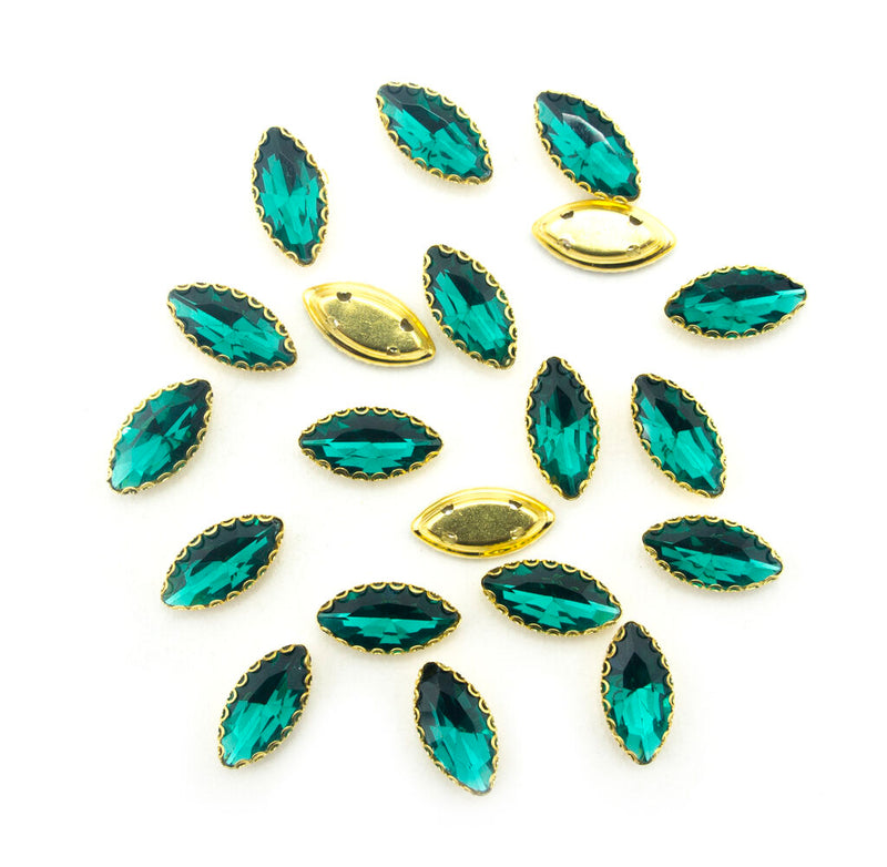 Pack of gold tone peacock green crystal glass embellishments