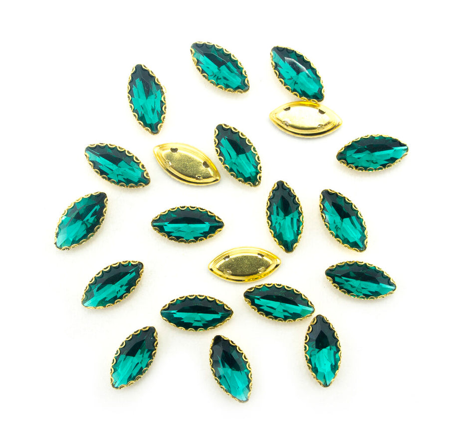 Gold Tone Peacock Green Crystal Glass Lozenge Sew On Embellishments 15 x 7 mm - Pack of 20