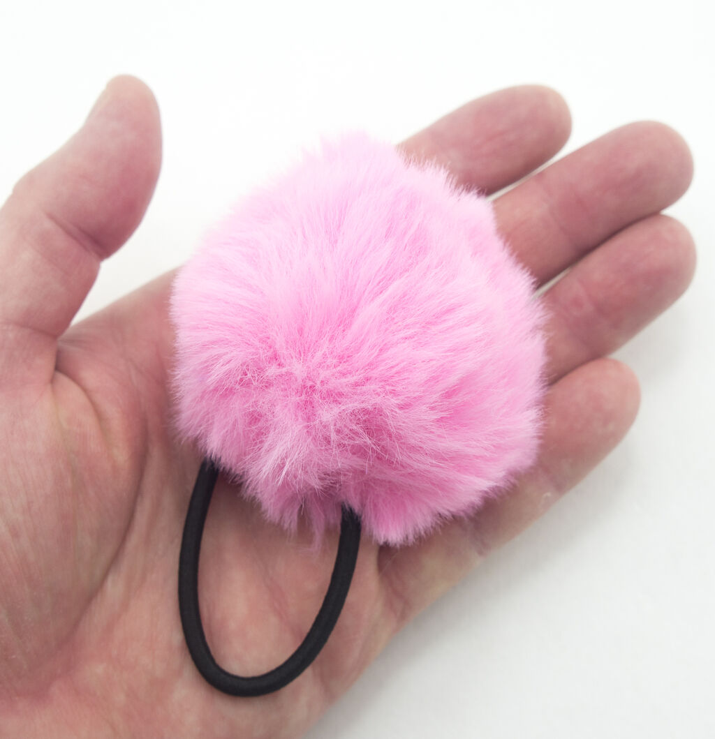 A Pair of Fluffy Pink Pom Pom Elasticated Stretch Hair Bands Ponytail Loops - 70 mm