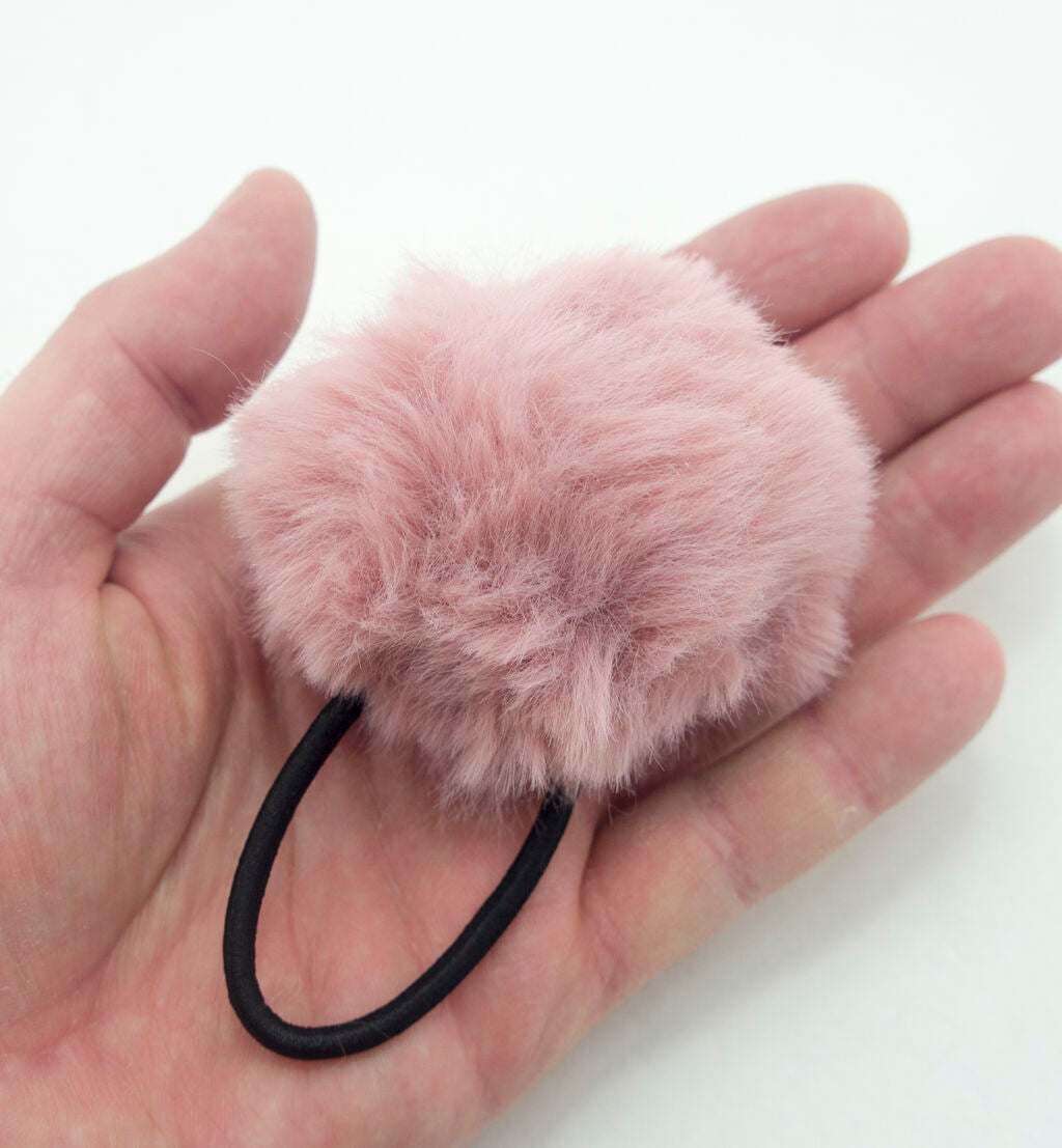 A Pair of Fluffy Dusty Pink Pom Pom Elasticated Stretch Hair Bands Ponytail Loops - 70 mm