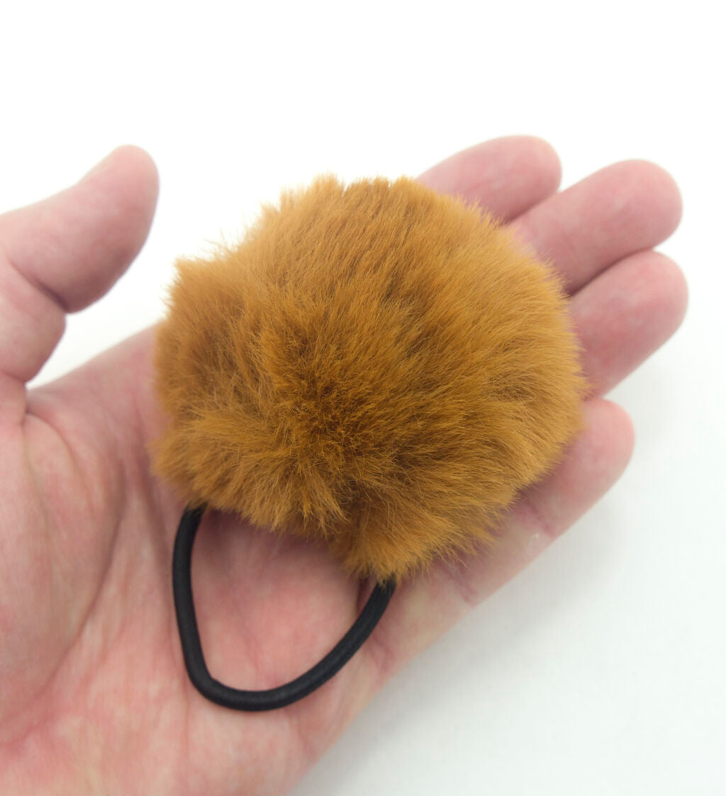A Pair of Fluffy Cinnamon Brown Pom Pom Elasticated Stretch Hair Bands Ponytail Loops - 70 mm