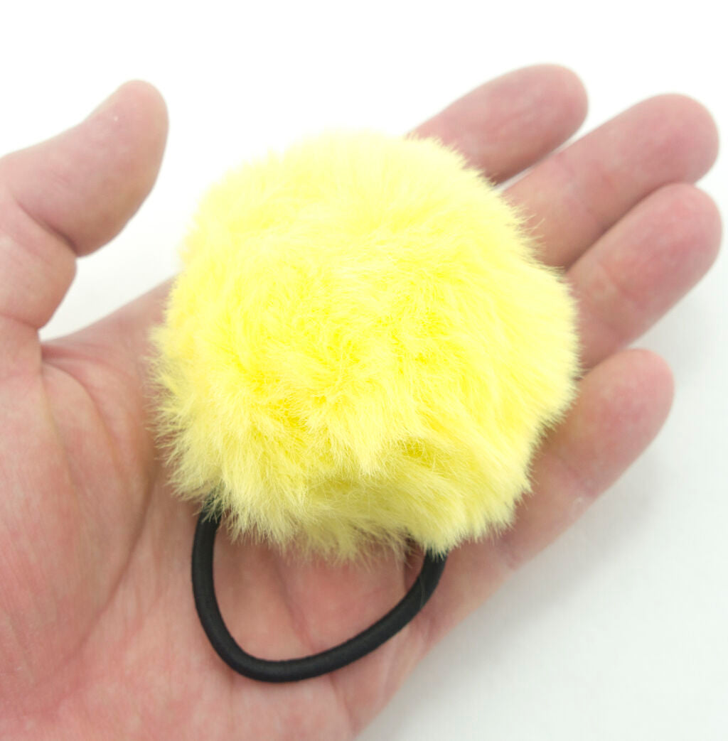 A Pair of Fluffy Lemon Yellow Pom Pom Elasticated Stretch Hair Bands Ponytail Loops - 70 mm