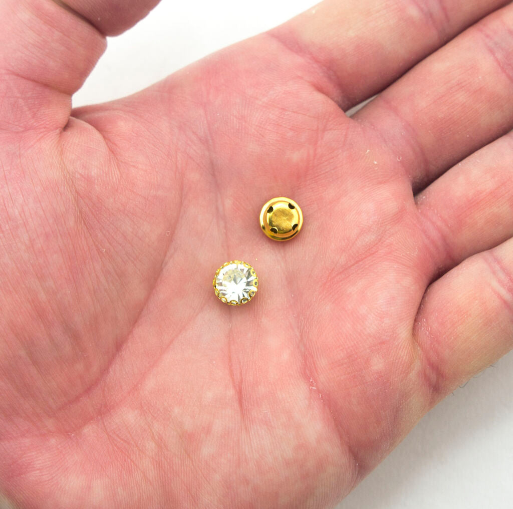 20 Round White Crystal Glass in Gold Tone Setting Sew In Accessories - 8 mm Diameter