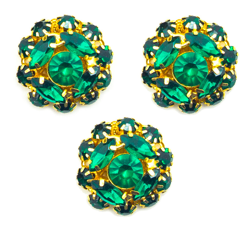 Set of three green crystal glass encrusted dress trims in gold tone setting.