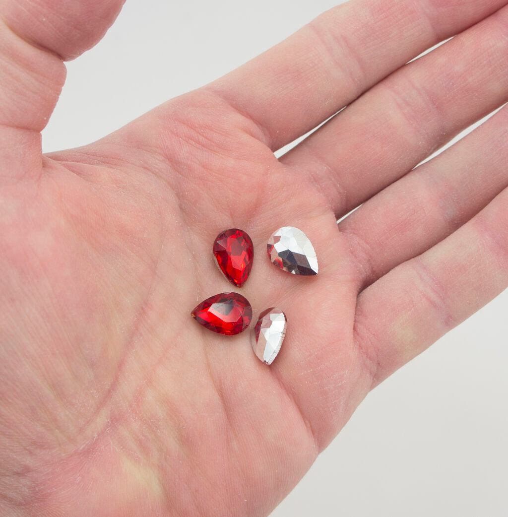 Red Crystal Glass Teardrop Sew On Embellishments with Silver-Grey Tone Backing - 10 x 14mm - Pack of 50