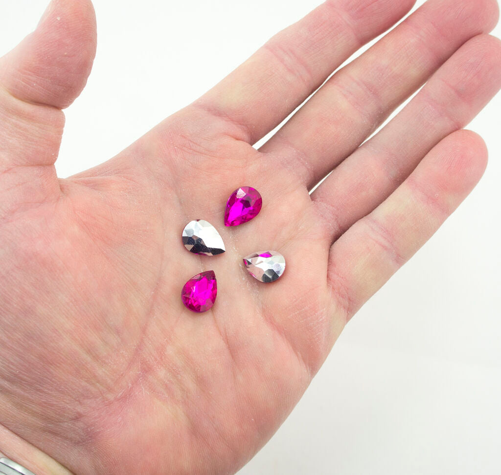 Bright Magenta Crystal Glass Teardrop Sew On Embellishments with Silver-Grey Tone Backing - 10 x 14mm - Pack of 50