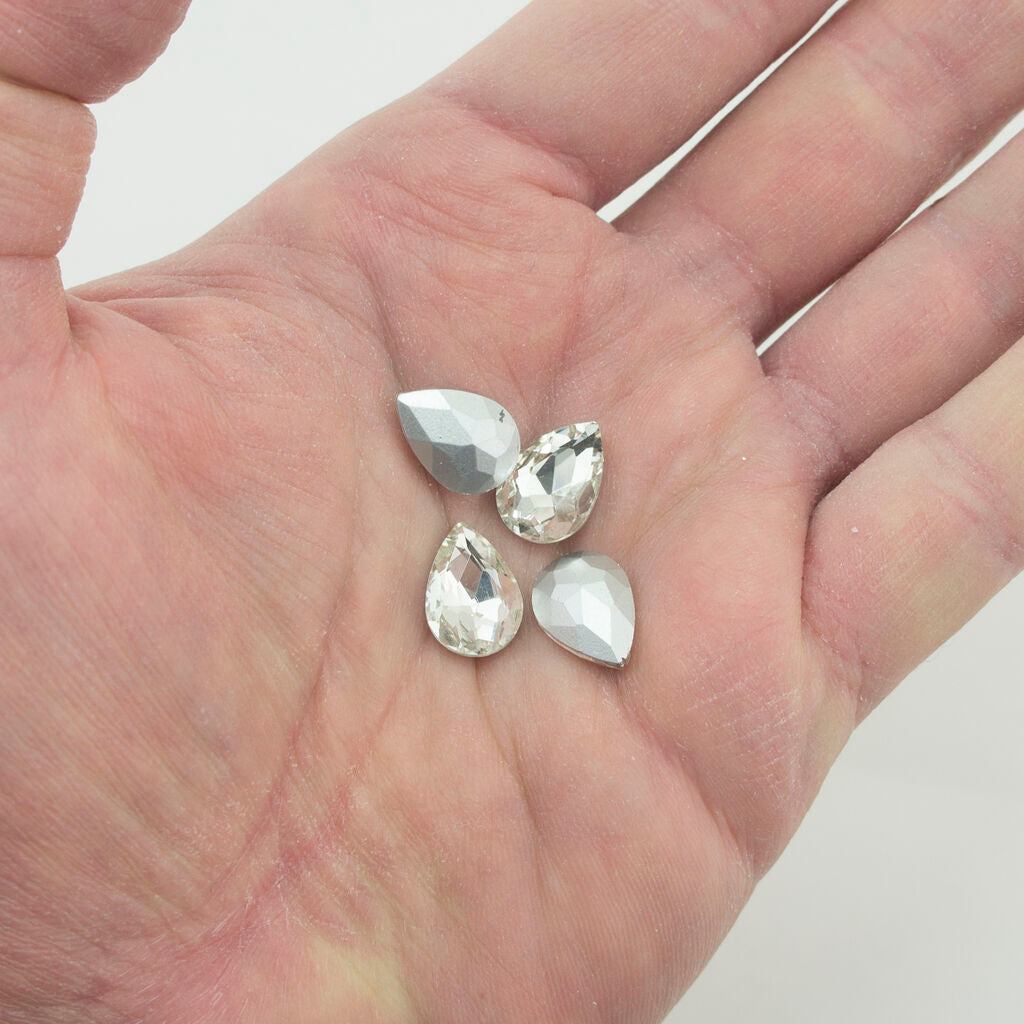 Clear Crystal Glass Teardrop Sew On Embellishments with Silver-Grey Tone Backing - 10 x 14mm - Pack of 50