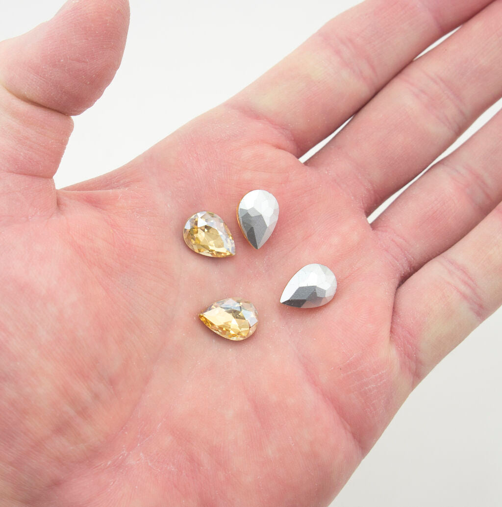 Golden Champagne Crystal Glass Teardrop Sew On Embellishments with Silver-Grey Tone Backing - 10 x 14mm - Pack of 50