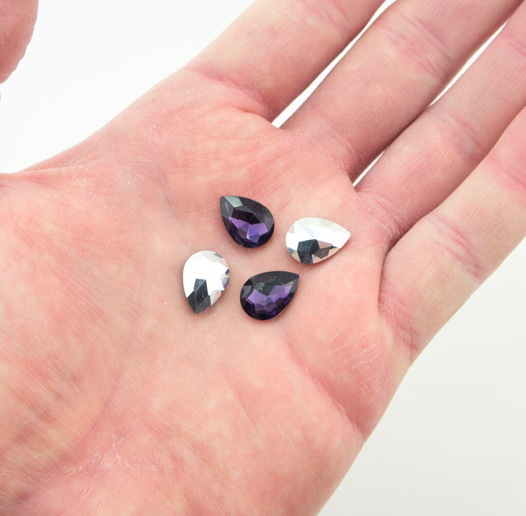 Deep Purple Crystal Glass Teardrop Sew On Embellishments with Silver-Grey Tone Backing - 10 x 14mm - Pack of 50