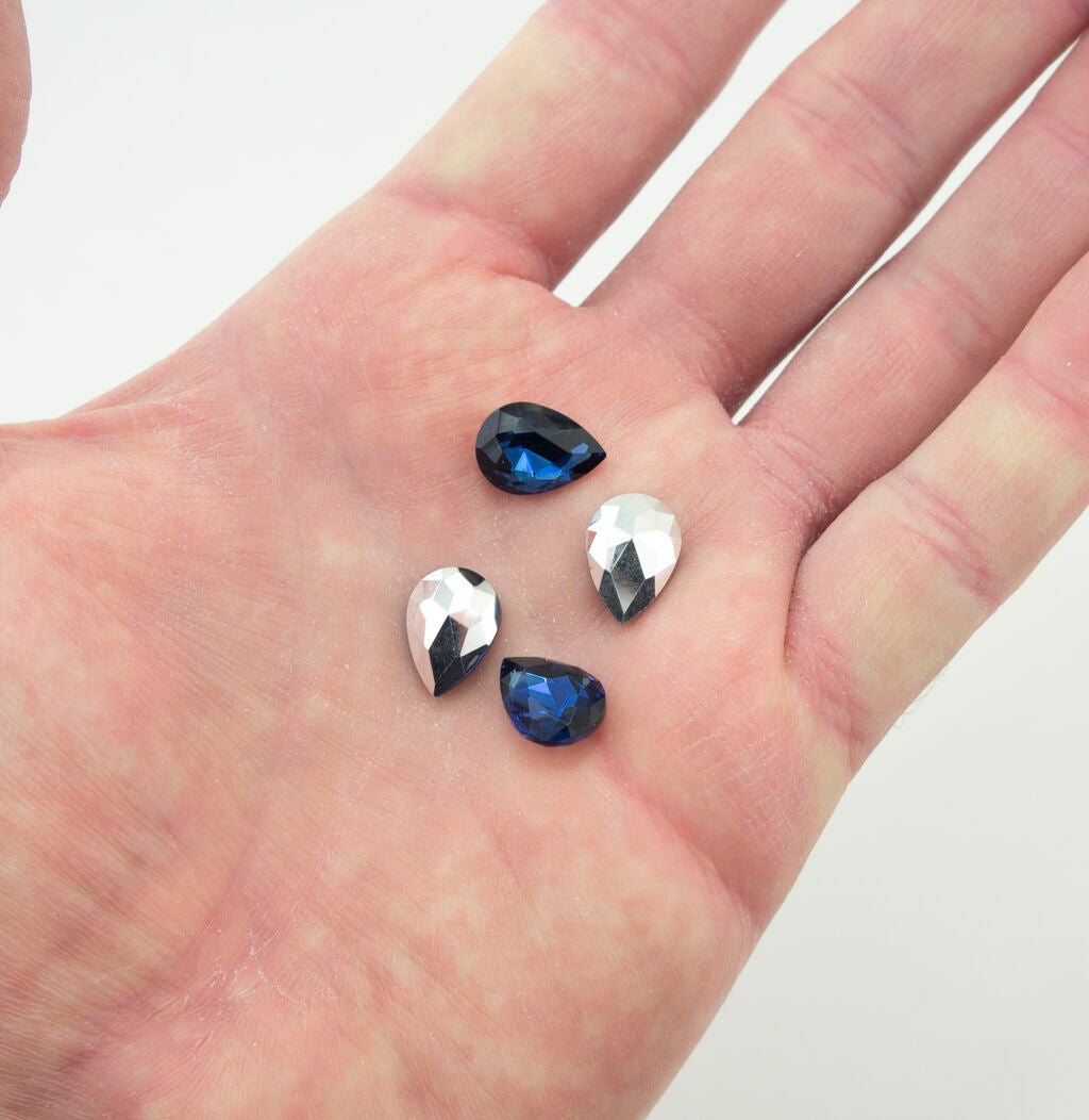 Navy Blue Crystal Glass Teardrop Sew On Embellishments with Silver-Grey Tone Backing - 10 x 14mm - Pack of 50