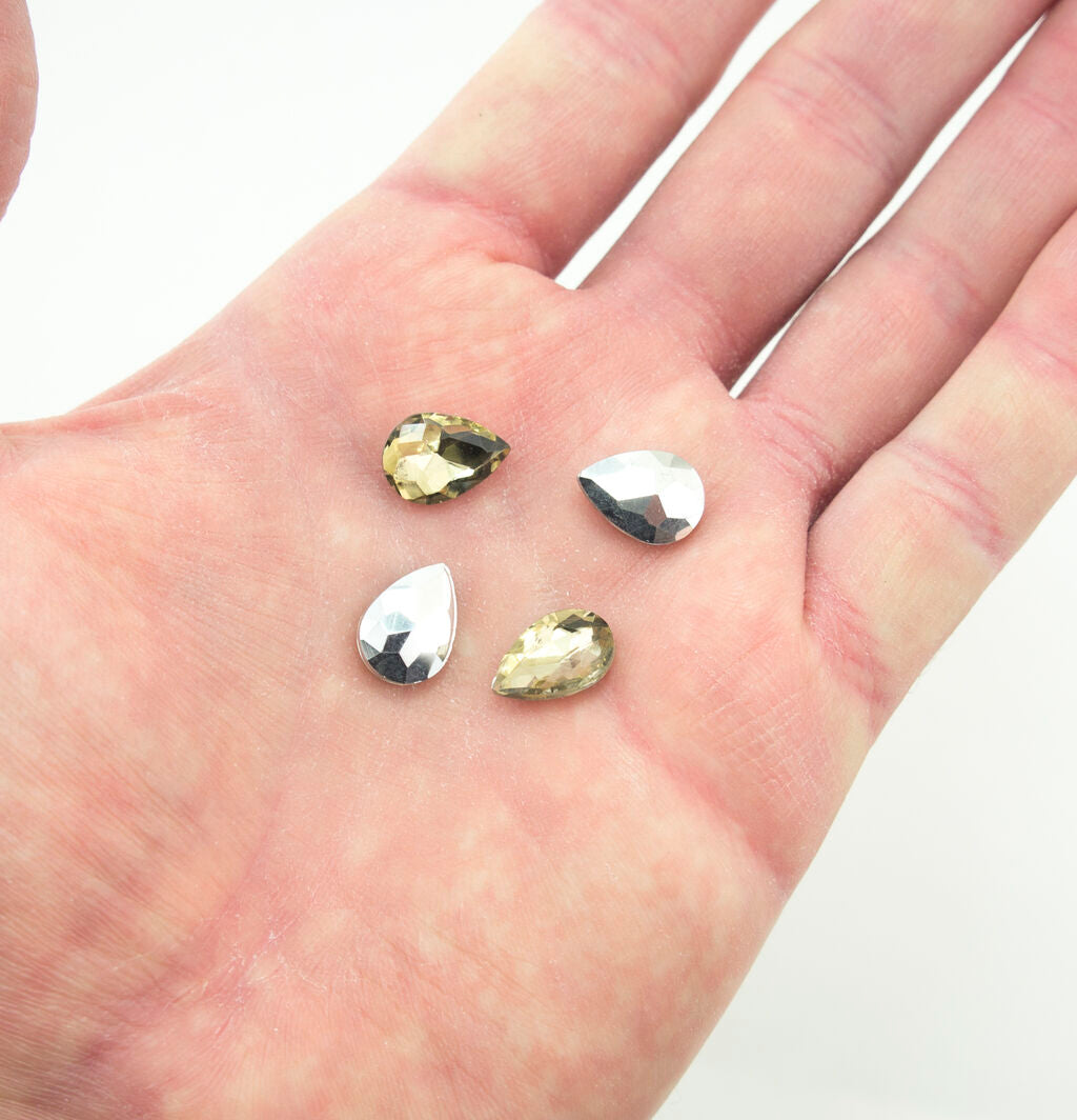 Crystal Yellow Glass Teardrop Sew On Embellishments with Silver-Grey Tone Backing - 10 x 14mm - Pack of 50