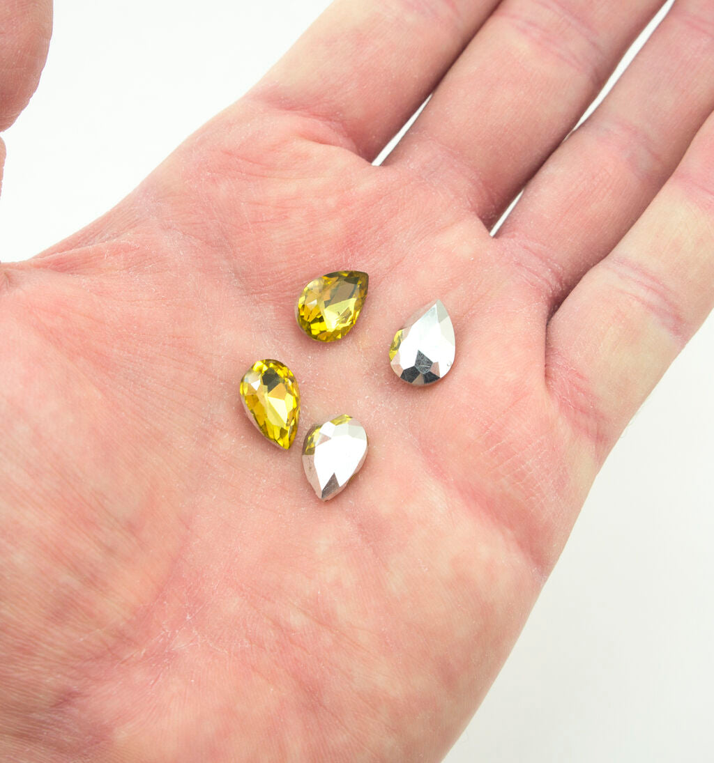 Lemon Gold Crystal Glass Teardrop Sew On Embellishments with Silver-Grey Tone Backing - 10 x 14mm - Pack of 50
