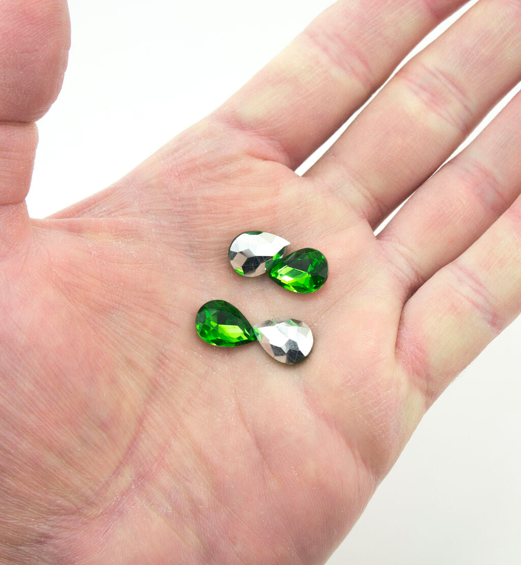 Emerald Green Crystal Glass Teardrop Sew On Embellishments with Silver-Grey Tone Backing - 10 x 14mm - Pack of 50