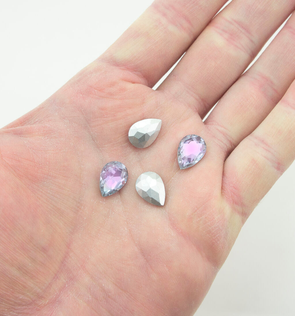 Lilac Crystal Glass Teardrop Sew On Embellishments with Silver-Grey Tone Backing - 10 x 14mm - Pack of 50