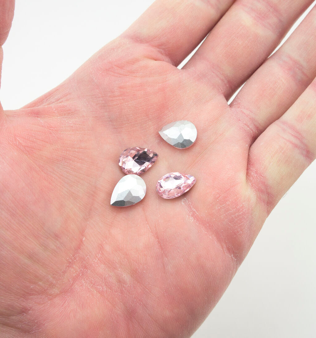 Light Pink Crystal Glass Teardrop Sew On Embellishments with Silver-Grey Tone Backing - 10 x 14mm - Pack of 50