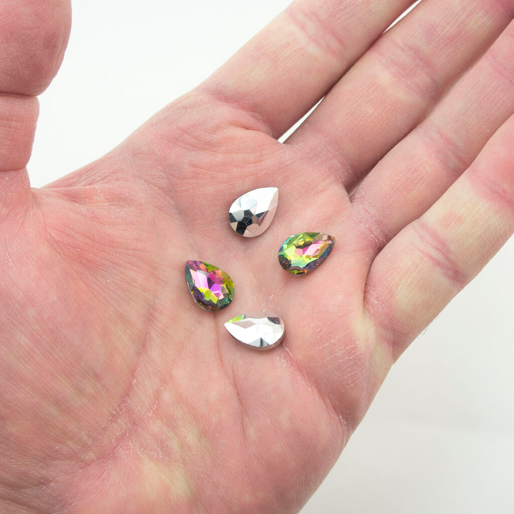 Multicoloured Crystal Glass Teardrop Sew On Embellishments with Silver-Grey Tone Backing - 10 x 14mm - Pack of 50