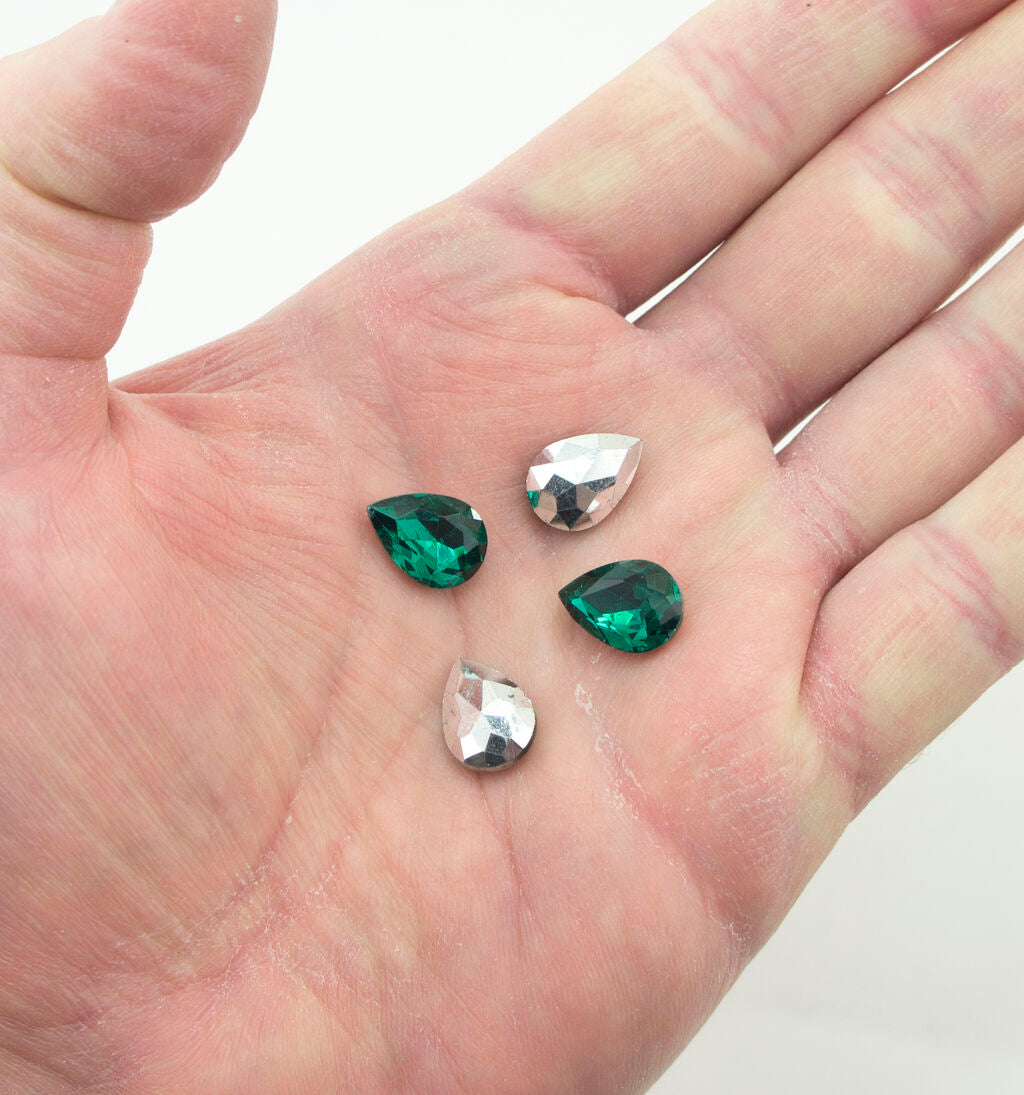 Peacock Green Crystal Glass Teardrop Sew On Embellishments with Silver-Grey Tone Backing - 10 x 14mm - Pack of 50