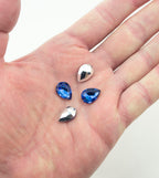 Cobalt Blue Crystal Glass Teardrop Sew On Embellishments with Silver-Grey Tone Backing - 10 x 14mm - Pack of 50
