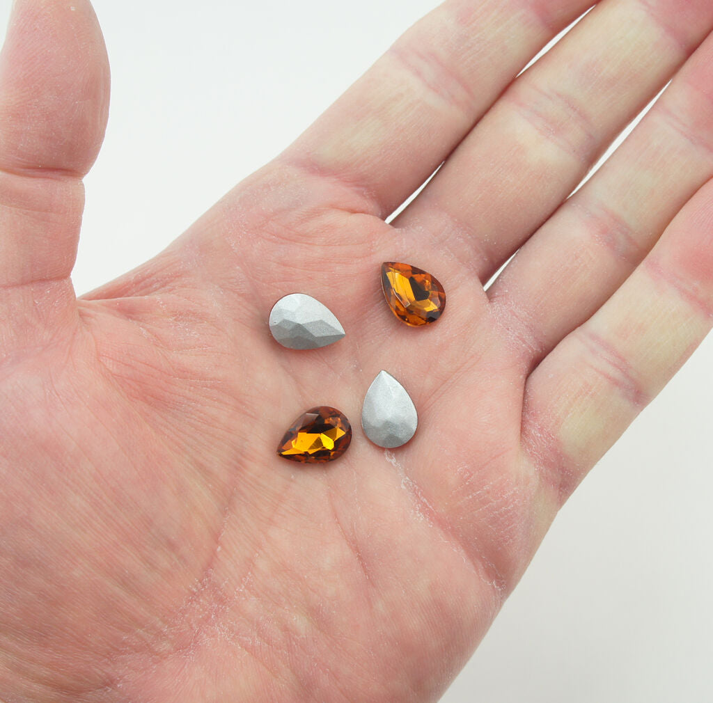Dark Amber Crystal Glass Teardrop Sew On Embellishments with Grey Tone Backing - 10 x 14mm - Pack of 50