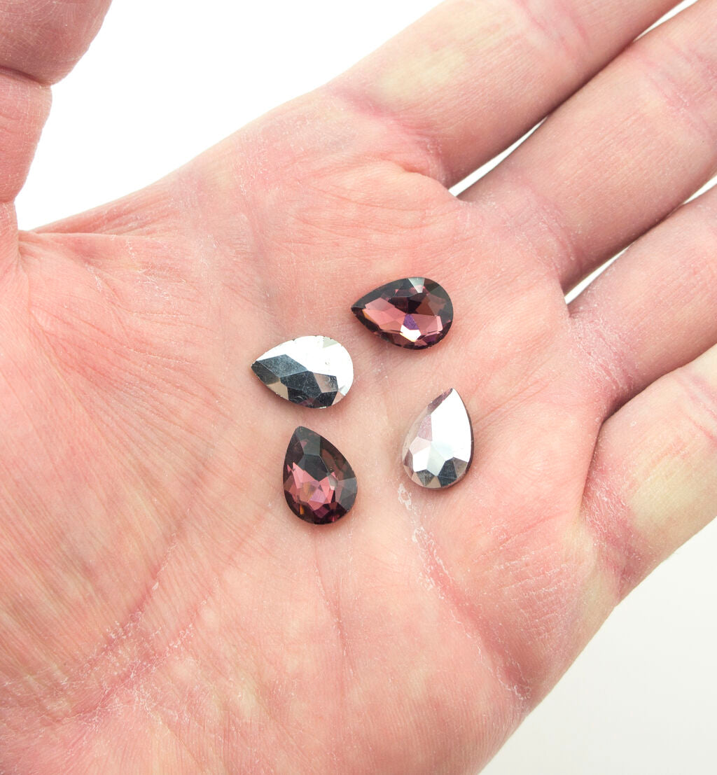 Coffee Crystal Glass Teardrop Sew On Embellishments with Silver-Grey Tone Backing - 10 x 14mm - Pack of 50