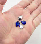 Royal Blue Crystal Glass Teardrop Sew On Embellishments with Silver-Grey Tone Backing - 10 x 14mm - Pack of 50