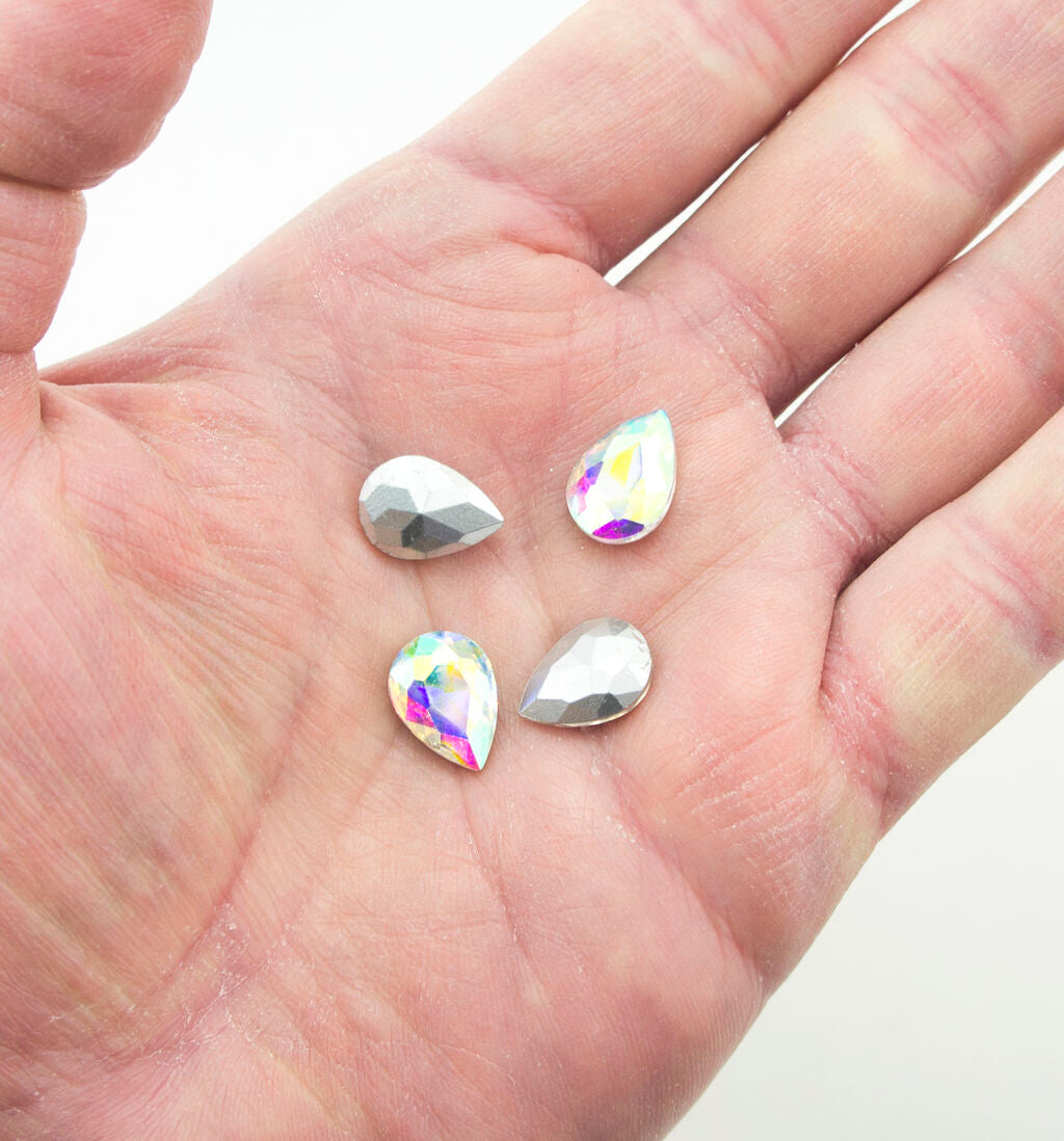 Iridescent AB Crystal Glass Teardrop Sew On Embellishments with Silver-Grey Tone Backing - 10 x 14mm - Pack of 50