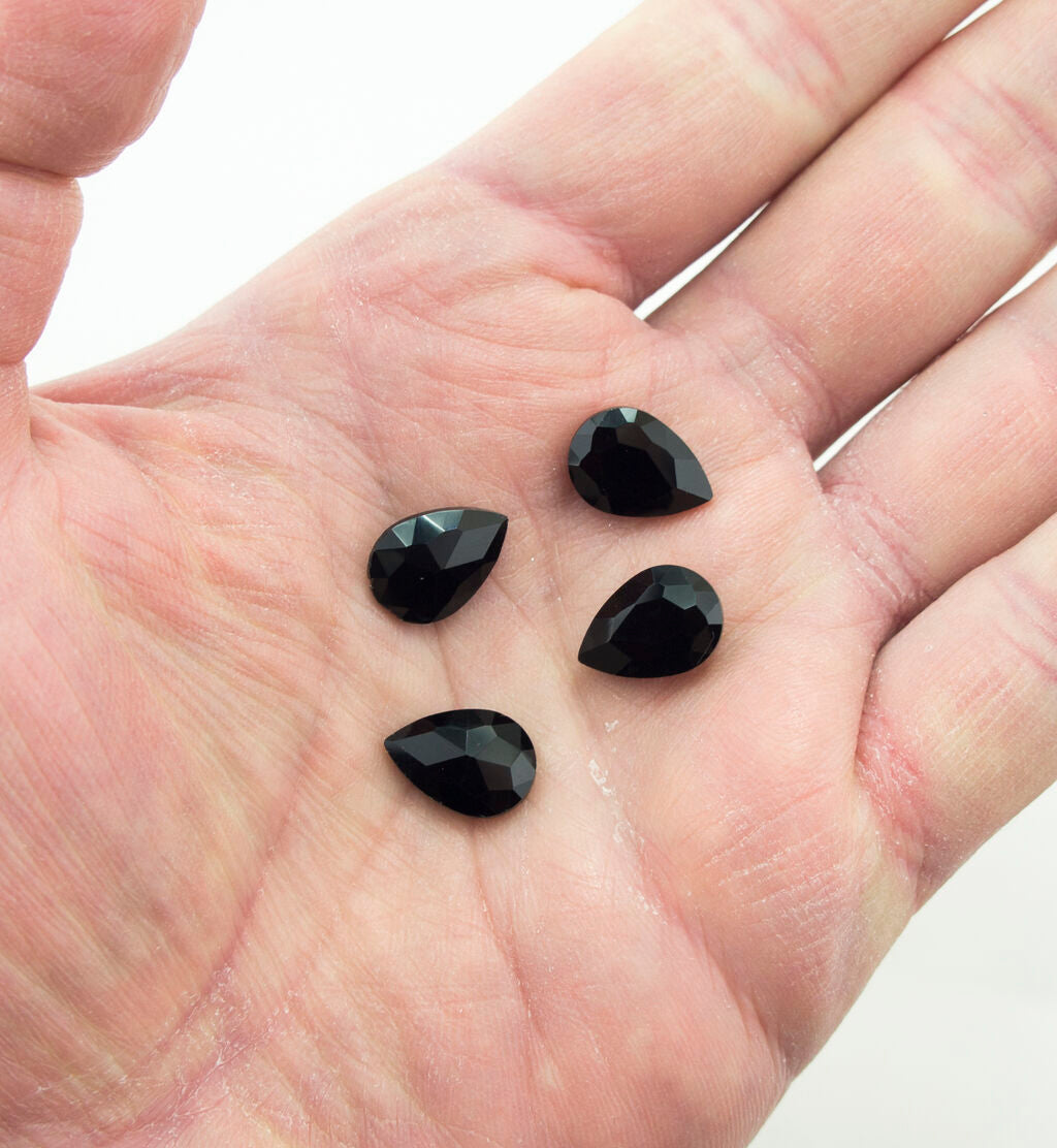 Black Crystal Glass Teardrop Sew On Embellishments with Silver-Grey Tone Backing - 10 x 14mm - Pack of 50