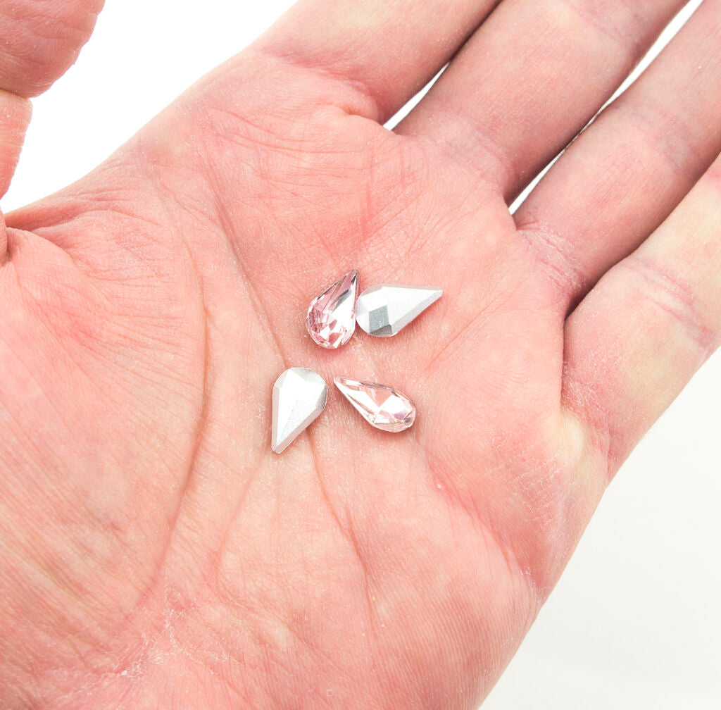 Light Pink Crystal Glass Teardrop Sew On Embellishments with Silver-Grey Tone Backing - 8 x 13mm - Pack of 50