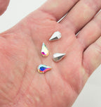 Iridescent AB Crystal Glass Teardrop Sew On Embellishments with Silver-Grey Tone Backing - 8 x 13mm - Pack of 50